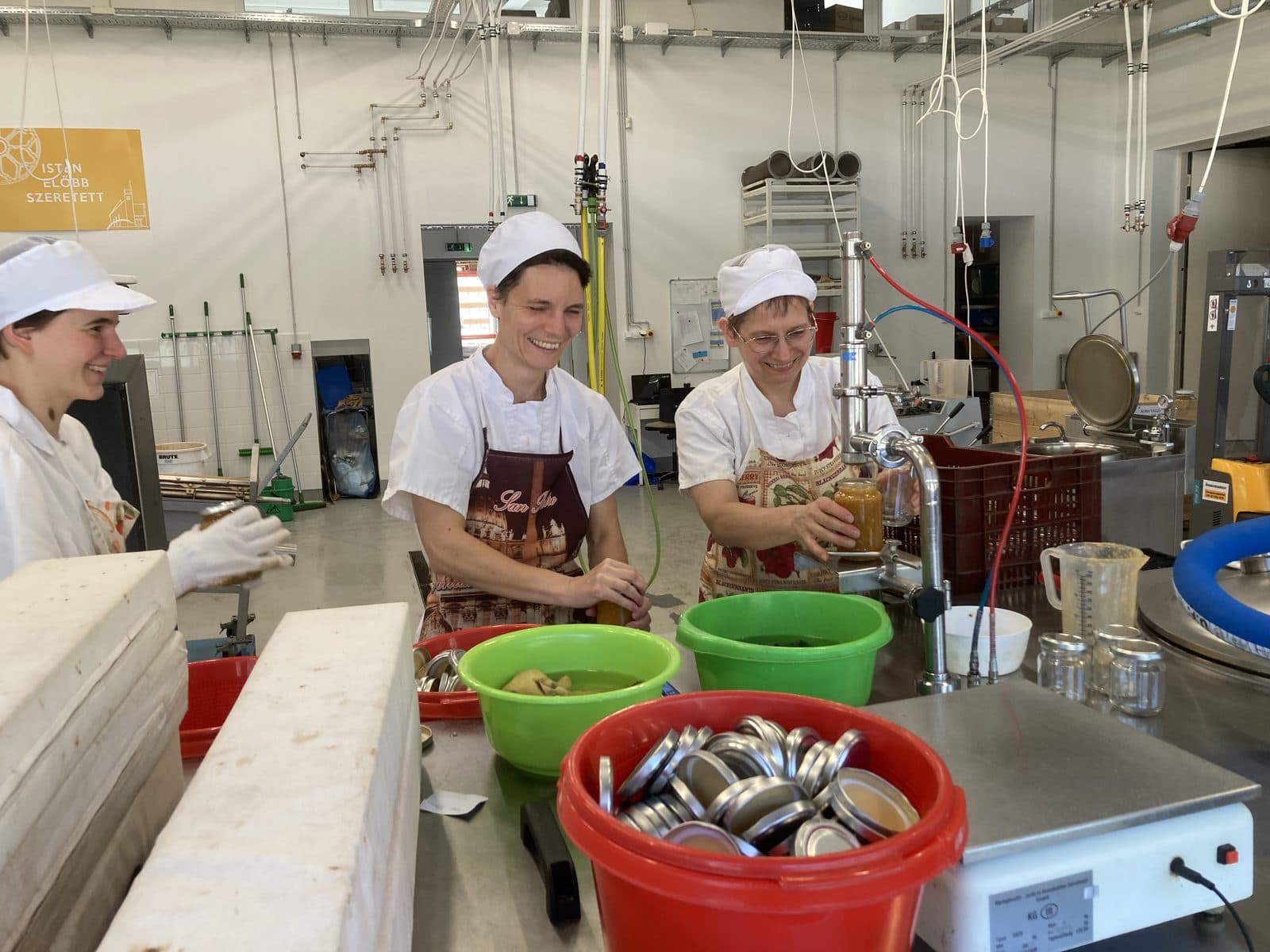 Nővérek a gyümölcsfeldolgozó műhelyben, befőttesüvegek között